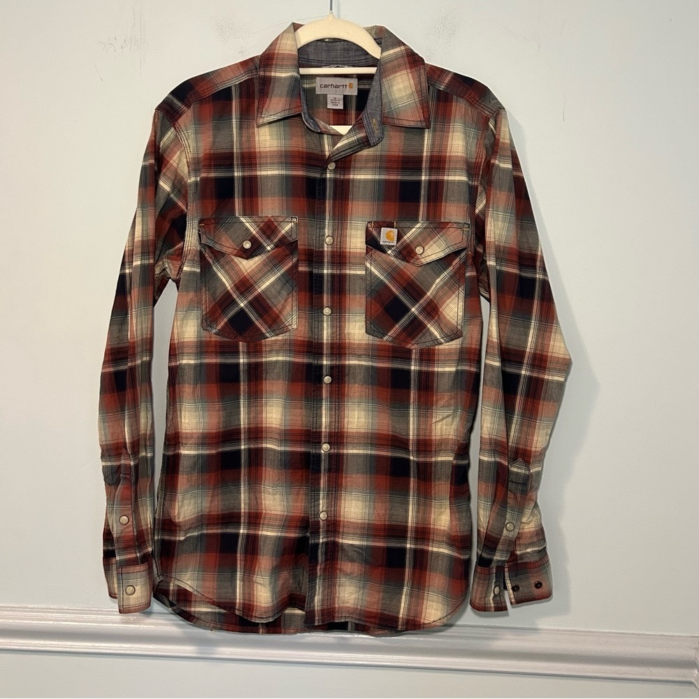 Carhartt Relaxed-Fit Red Plaid Pearl Snaps Stretch Long Sleeve Work Shirt Size S